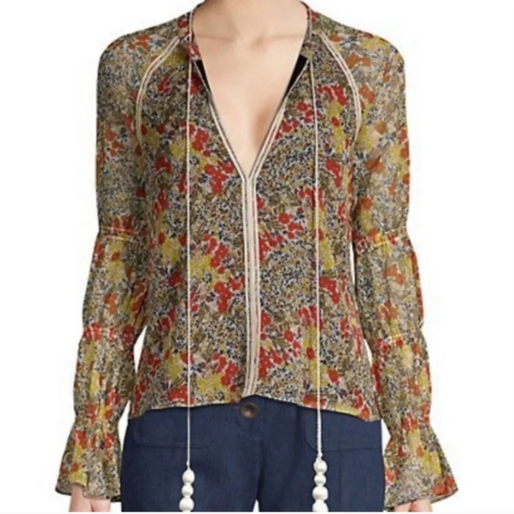 ALEXIS “Samera” Floral Print Sheer Peasant Top Blouse Tassel Tie GMA Hoda Large - Picture 2 of 14